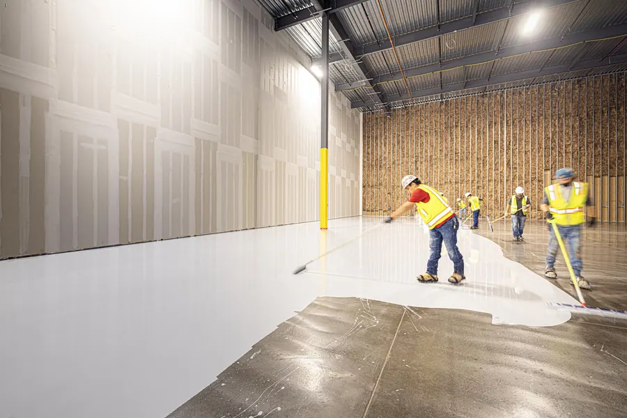 Crew applying a floor coating with rollers